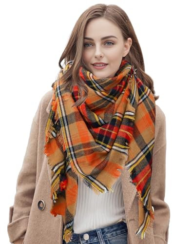ZENUTA Damen Schal, Warm Weich Strickschal, Karo Winterschal Herbstschal Wolleschal Frauen Deckenschal Halstuch Scarf Poncho Cape Orange