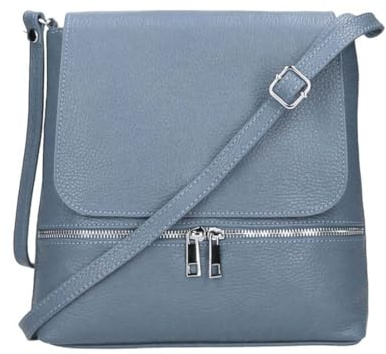 OBC Made in Italy Damen Leder Tasche Messenger Crossbody Handtasche Schultertasche Crossover Umhängetasche Shopper Damentasche Überschlagtasche Tablettasche bis ca. 7-9 Zoll Jeansblau