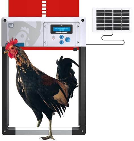 Porte poulailler Automatique 'ChickenGuard All-in-One'. Écran LCD programmable, Mode Hiver Puissant, Capteur de Lumière/Minuterie, Arrêt de Sécurité, Porte/Trappe en Aluminium (Rouge + Kit Solaire)