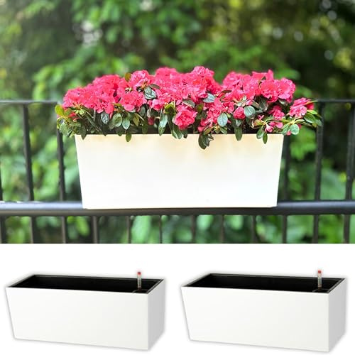 LaLaGreen Lot de 2 jardinières rectangulaires en plastique à suspendre pour balcon, jardin, terrasse, porche, balcon avec supports, 50,8 cm, blanc