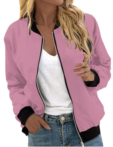 Minetom Veste Femme Blouson Printemps Été Léger Bomber Veste Outwear Manches Longues Zippé Jacket Casual Sport Manteau A Rose XL