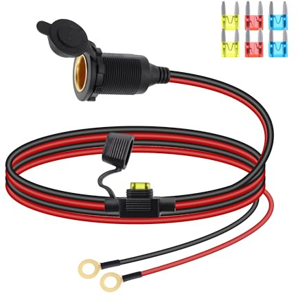 RIIEYOCA 12V/24V Cigarette Lighter Socket Extension Cable, Fixed Thread Car Cigarette Lighter Female Socket to O Ring Terminal Cord with Waterproof Cover and 20A Fuse for Cars,Boats, etc.(1M)