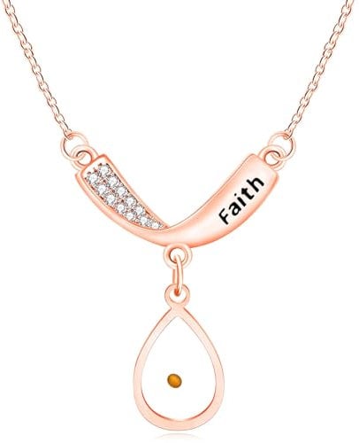 Tobestu Womens Rose Gold Plated Teardrop Mustard Seed Faith V-Shape Pendant Necklace for Casual Outings Gatherings YA4989