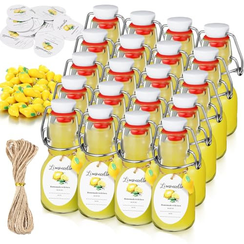 Skybooly 20 Sets Mini Lemon Swing Top Glass Bottle with Tags and Twine Small Swing Top Glass Jars for Limoncello Homemade Vanilla Extract Wedding Themed Party Favors(2oz,Lemon)