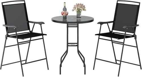 Giantex Ensemble Table et Chaise Bar, Mange Debout Extérieur 1 Table Haute en DPC 2 Chaises Bar Pliantes, Trou de Parasol de 42 mm, Ensemble Bistrot pour Jardin, Patio, Balcon, Noir