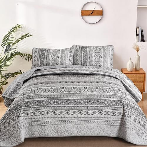 WONGS BEDDING Tagesdecke 220x240cm Grau Boho Bettüberwurf Decke Steppdecke 3 teilig Doppelbett Gesteppt Bettdecke Mikrofaser Wohndecke mit 2 Kissenbezug 50x75 für Schlafzimmer Sofaüberwurf