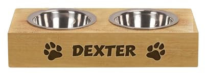 KreateSquare Personalised Dog Bowl with Bamboo Wooden Stand, Custom Dog Food & Water Bowls, Engraved Pet Bowls for Cats, Dogs & Puppies, Ideal Customised Gift (Design 01, Double Bowl (36.5 X 16.5))