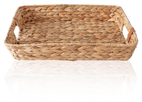 FRIHET eckiges Deko Tablett Serviertablett handgeflochten aus Wasserhyazinthe mit Henkel | Aufbewahrungskorb für Wohnzimmer, Esszimmer & Badezimmer | Küchen & Bad Organizer | Größe 3