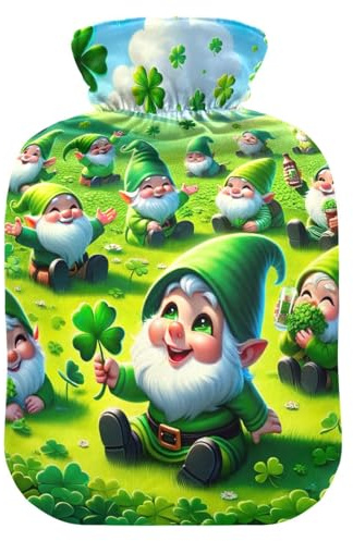 Süße Gnomes St. Patrick's Day Wärmflasche mit weichem Samtbezug, Wärmbeutel für Nacken, Schulter und Menstruationskrämpfe, 1L