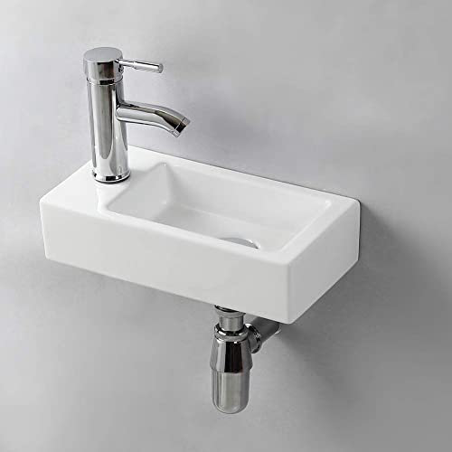 Compact Bathroom Sink Ceramic, Small Rectangle Cloakroom Basin Wall Mounted Gloss White Left Hand
