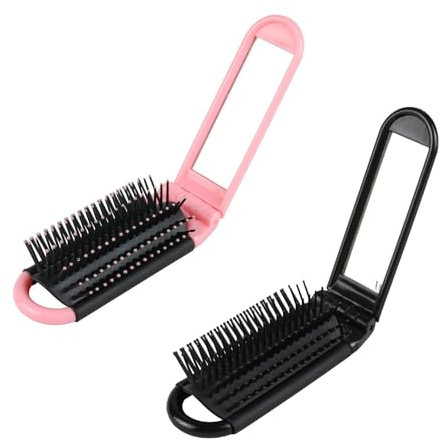 2 Pcs Folding Hair Brush with Mirror and Round Tip Bristles,Portable Travel Hairbrush Mini Hairbrush,Compact Pocket Size Small Hair Brush,for Thick Curly Long Short Wet Hair Mens Women(Black,Pink)