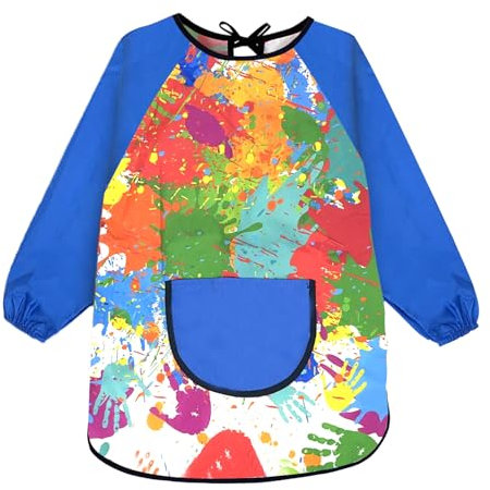 LECTNORE Kids Painting Apron Waterproof Painting Apron Long Sleeve for Kids Children's Art Smock with Pockets for Painting Cooking Eating(Height 100-120cm,Blue sleeves)