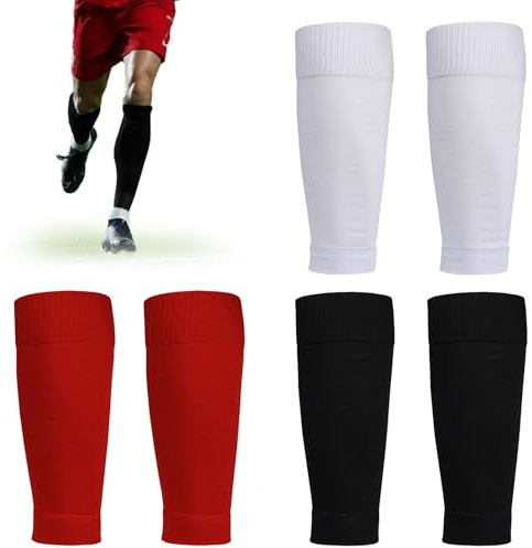 MUNSKT 3Pcs Football Sock Sleeves, Comfort Breathable Shin Pad Sleeves, Cut Football Socks, Elastic Soccer Leg Sock Sleeves for Football Beginner (Black+Red+White)