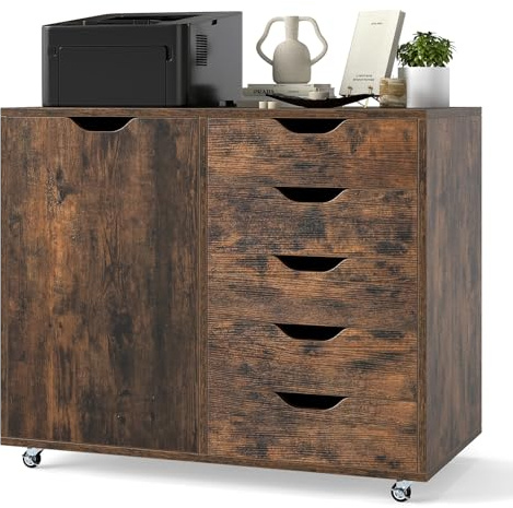 COSTWAY Rollcontainer mit 5 Schubladen & Tür, mobiler Aktenschrank mit Arbeitsplatte & Rollen, Büroschrank modern, Schreibtisch Unterschrank für Büro Wohnzimmer, 79 x 39 x 65cm (Braun)