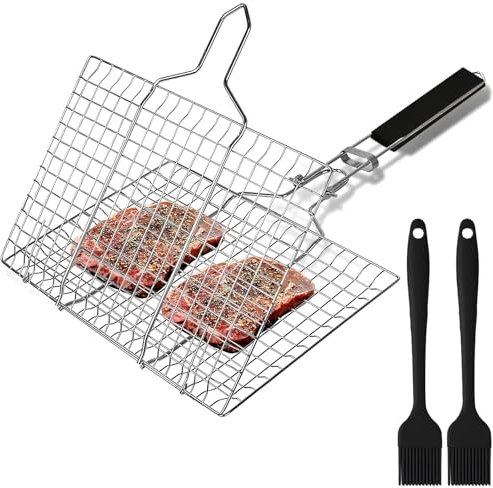 Cestino da Barbecue Pieghevole in Acciaio Inox Cestino Portatile per Barbecue con 2 Spazzole in Silicone per Grigliate di Pesce,Verdure,Bistecca,ecc