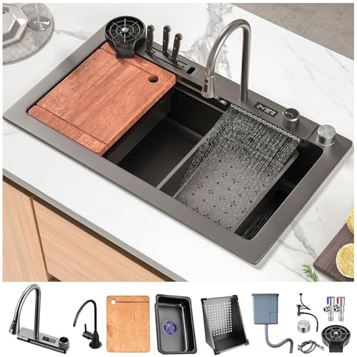 CZAOERXB Fregadero de Acero Inoxidable 304 con Forma de Cascada y cajón con Soporte para Cuchillos, Grifo para Lavabo móvil (Gris Pistola, 75 x 45 x 22 cm)