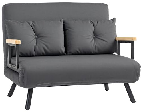 HOMCOM 2 Seater Sofa Bed, Click Clack Convertible Bed Settee, Modern Velvet Feel Fabric Sofa Couch with 2 Tufted Cushions, Wood Armrests for Living Room, Bedroom, Guest Room, Dark Grey
