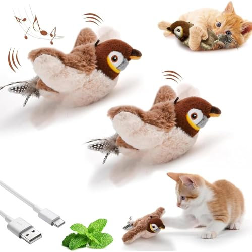 Donubiiu Interaktives Piepsendes Vogelspielzeug FüR Katzen,2025 Neu Interaktives Katzenspielzeug Fliegender Vogel Katzenspielzeug Vogel Fliegt Elektrisch (Spatz*2)