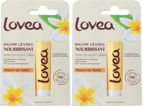 LOVEA - Baume À Lèvres - Parfum Monoï - Apaise, Nourrit & Adoucit - Pour Lèvres Sèches - Enrichi Au Beurre De Karité - À Base D'Huiles D'Origine Végétale - Fabriqué En France - 4 g (Lot de 2)