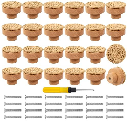 LOEPENLE 24 Stück Rattan Möbelknöpfe,Schrankknöpfe Boho Deko,Möbelknöpfe Holz Schubladengriff,Holzknöpfe Schrank,Schrankknöpfe fur Kinderzimmer,Vintage Schubladenschrank Holz Griffe für Möbel