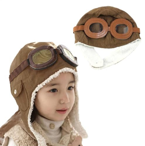 Raypontia 2 simpatici cappelli da pilota, per bambini, da aviatore, con occhiali, da pilota, con paraorecchie e occhiali da bambino,, marrone
