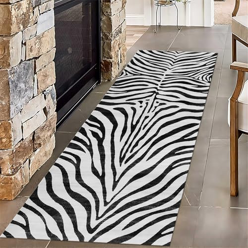 SMXVRC Zebra-Print Lange Flurteppichläufer, 60x180cm, Schwarz Weiß Zebrafell Schlafzimmerteppich, mitRutschfester Rückseite Farbbeständiger Druck Faltbar Waschbarer Teppich für Haustür