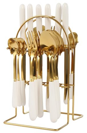 24-Piece Cutlery Set with Storage Stand, Stainless Steel Silverware & Ceramic Handles, Gold + White Design for Home Restaurants Dinner Parties