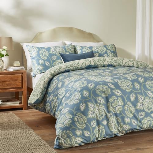 Duvet Day Camellia Duvet Cover Set – Reversible Floral Printed Bedding with Tranquil Blooms & Soft-Touch Fabric (French Blue - Double)