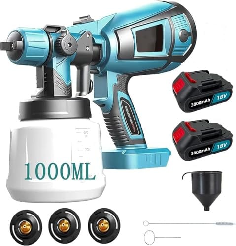 Akku Farbsprühsystem, Kompatibel mit Makita mit 2X 3000mAh Akku und Ladegerä,18V Elektro Lackierpistole mit 3 Düsen, 3 Spritzmuster,mit Abnehmbarem 1000ml-Farbeimer, zum Streichen