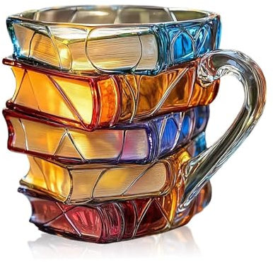 Painted Book Mug, Unique Books Stack Cup, 3D Painted Reading Coffee Cup - Ideal Book Lover Gifts for Readers | Available in Resin, Includes Free Elegant Spoon (Resin, A)