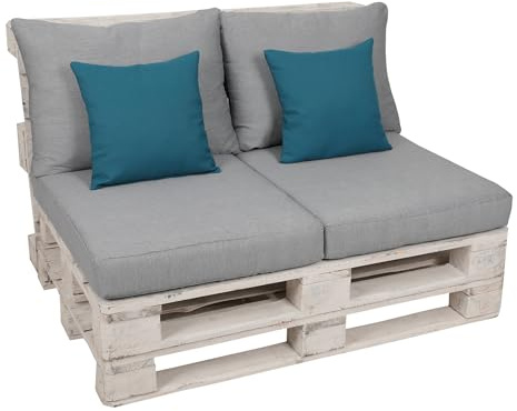 GO-DE Textil Bequeme und attraktive Polsterauflagen für Paletten-Loungen (4-teilig, für eine komplette Palettenlounge, Uni Hellgrau-Petrol, Palettenkissen mit Dekokissen)