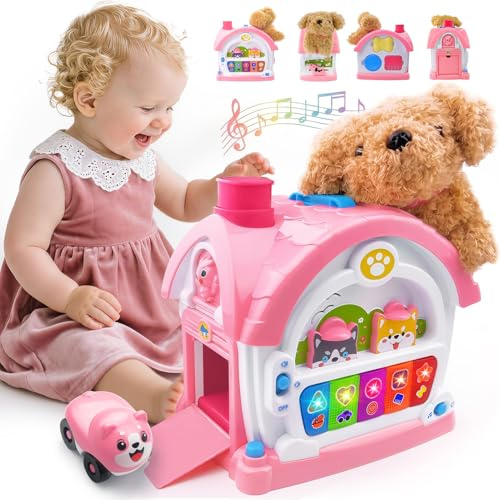 Okreview Montessori Toys for 18 Months Old Girl Gift,Bilingual Learning Toy | 9-in-1 Multi-Functional Musical Activity House with Lights & Sounds, Stuffed Puppy, First Birthday Gifts for Girls Age 18M+