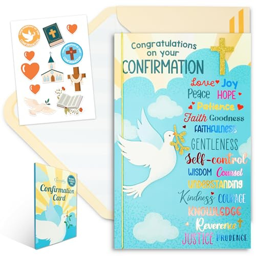Decorably Foiled & Glitter 5x8in Handmade Individual Confirmation Greeting Card with Gold String, Dove & Cross Cutout, Envelope & Stickers for Congratulations, Boys, Girls, with Printed Message Inside