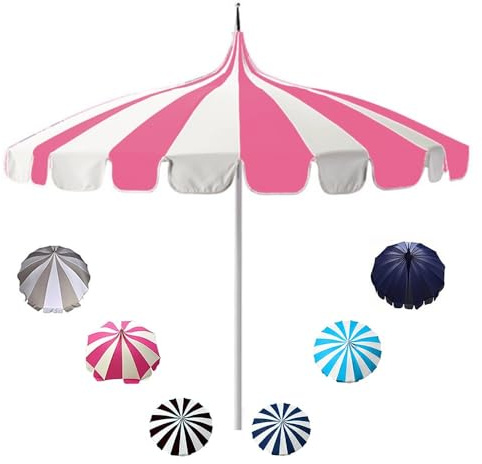 IMUNKT Patio Pagoda Umbrella 8.5ft Outdoor Market Umbrella UPF 50+ Pool parasol Boho Fringe Umbrellas For Holiday Garden Backyard(Pink white)