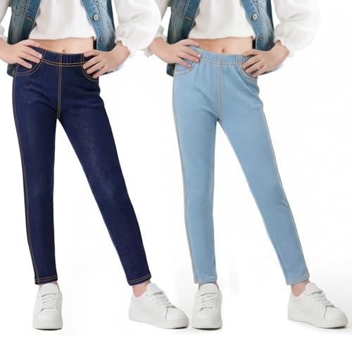 Baogaier Filles Leggings, Respirant Jeggings, Lot de 2, Élastique 6-13 Ans | Élastique Denim Jeans, Skinny Leggings, Printemps Automne, Léger Pantalons, avec Poche, Enfants École Décontracté Vêtements