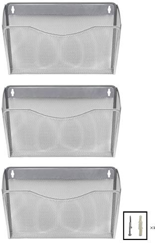 EasyPAG 3 Pocket Landscape A4 Mesh Hanging Wall File Holder Mail Organiser Magazine Storage,Pack of 3,Silver