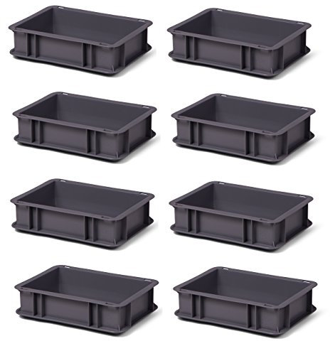 1a-TopStore 8 Stk. Transport-Stapelkasten TK375-0, Grau, 300x200x75 mm, PP, 3 Liter, 25 kg Traglast, Lebensmittelecht, Made in Germany, Industriequalität