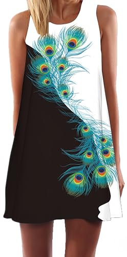 Ocean Plus Femmes Été Mini sans Manches Coloré Tops Robes Paon Robes De Plage Court A-Line Robe sans Manches Robe De Temps (L (EU 38-40), Plumes de Paon Noires et Blanches)