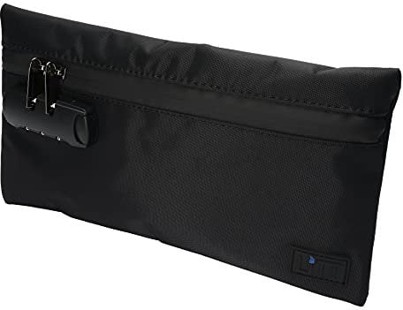 LITT Lockable Smell Proof Stash Bag – Black, Charcoal Lined, Accessories Storage Long Pouch with Combo Digit Lock | Travel Organizer & Lifestyle Accessory