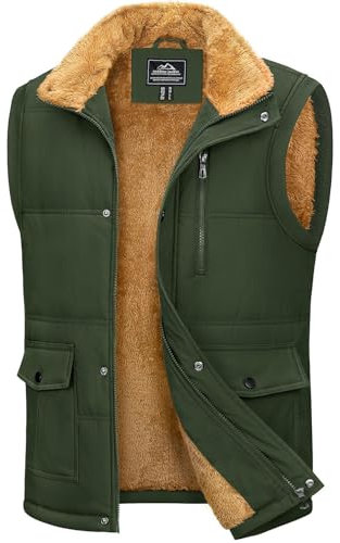 MAGCOMSEN Men's Sleeveless Jacket Body Warmers Gilet Jacket Coat Vest Windproof Outdoor Winter Warm Jacket Coat with Fleece Lined Classic Stand Collar Gilets with Pockets, Army Green