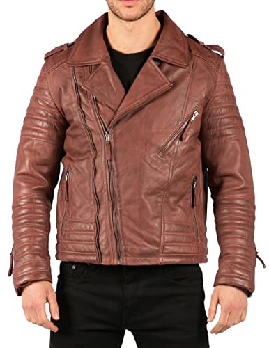 TruClothing.com Men's Biker Jacket Outwear Windproof Winter Cross Zip Urban Real Leather Jackets Coat