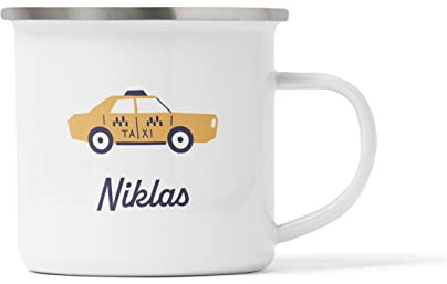 Kindertasse mit Taxi personalisiert Geschenk Kinder PKW Auto Tasse Geburtstag Trinkbecher Geschenkidee Jahre Kindergeburtstag Name Becher Emaille bruchsicher Plastik Jungen (Emaille, 320 ml)