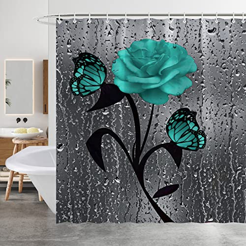 Minicoco Mould Proof Mildew Resistant Bathroom Curtains Waterproof 100% Polyester Green Shower Curtain with 12 Hooks, 180 x 180 cm (Flower)