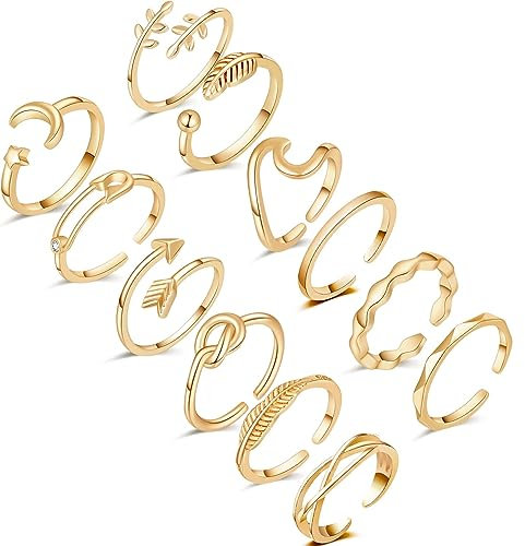 FUNEIA 12 Stücke Verstellbare Ringe Damen 14 Karat Vergoldete Gold Silber Rosegold Ring set Knöchelringe Daumenringe Set Rose Mond Stern Stapelbare Ringe Offene Fingerringe Frauen Mädchen (Gold1)