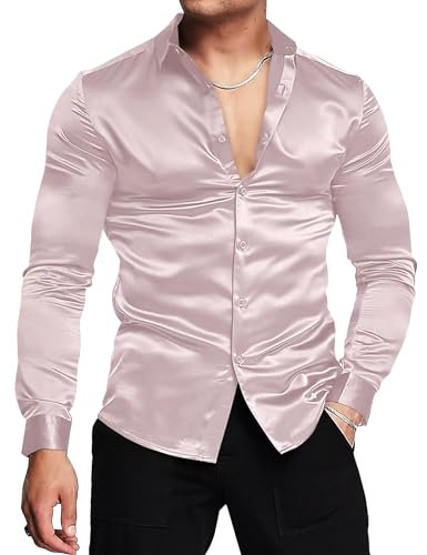 URRU Chemise de luxe en satin brillant à manches longues pour homme Coupe ajustée, Cuir rose., Taille L