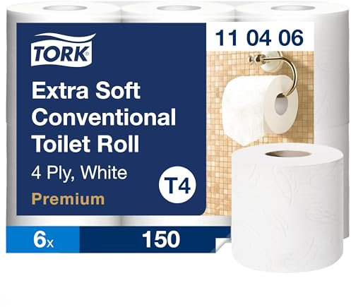Tork Papier Toilette Rouleau traditionnel extra-doux blanc T4, Premium qualité, 4 pli, 6 Rouleaux x 18.75m, 110406