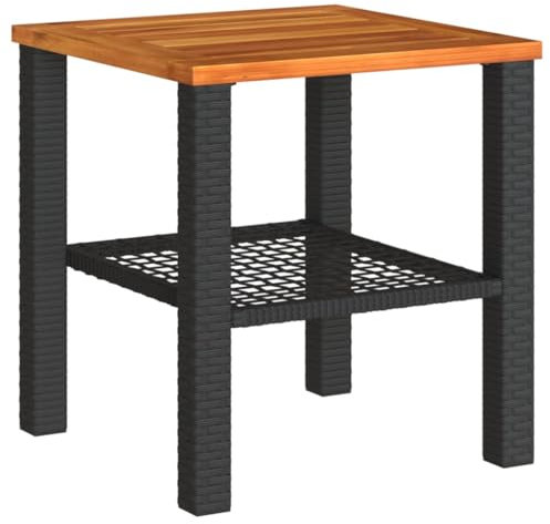 vidaXL Gartentisch, Beistelltisch für Garten Terrasse, Couchtisch mit Holzplatte, Balkontisch Kaffeetisch Gartenmöbel, Schwarz Poly Rattan Akazienholz