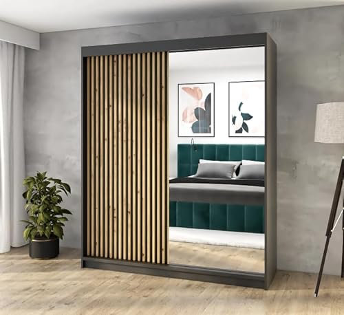 A&J MöbelLand Schwebetürenschrank MIT Kleiderschrank 160 cm mit Spiegel & Holzlamellen (Schwarz)