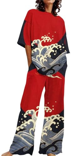 Pigiama di Natale Abiti Estivi per Donna 2 Set di Lino in Cotone T-Shirt Oversize Pantaloni a Gamba Dritta Tuta Taglie Forti Tuta Pigiama Natale Coppia Pigiama Donna Lungo (Red, S)