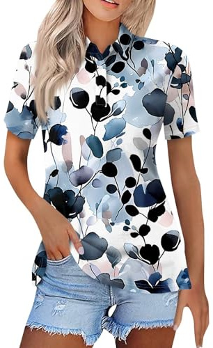 Ladies T Shirts Basic Tee Summer Tops Loose Tunnic Women's Fashion Casual Floral Print Round Neck Button Lapel Top Short Sleeve T Shirt Thermal for Women Long Sleeve (White, M)